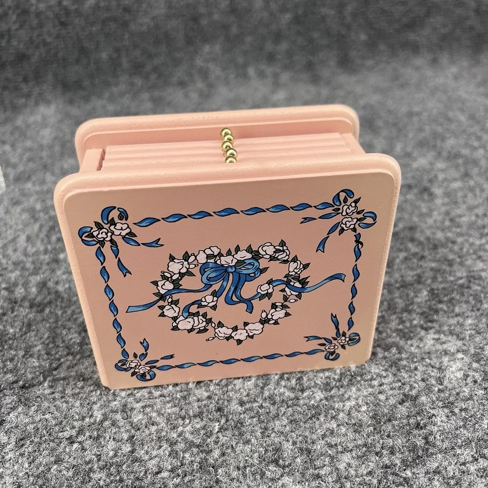 Vtg Set of 6 Pink Wood & Cork Square Coasters & Floral Blue Ribbon Storage Box